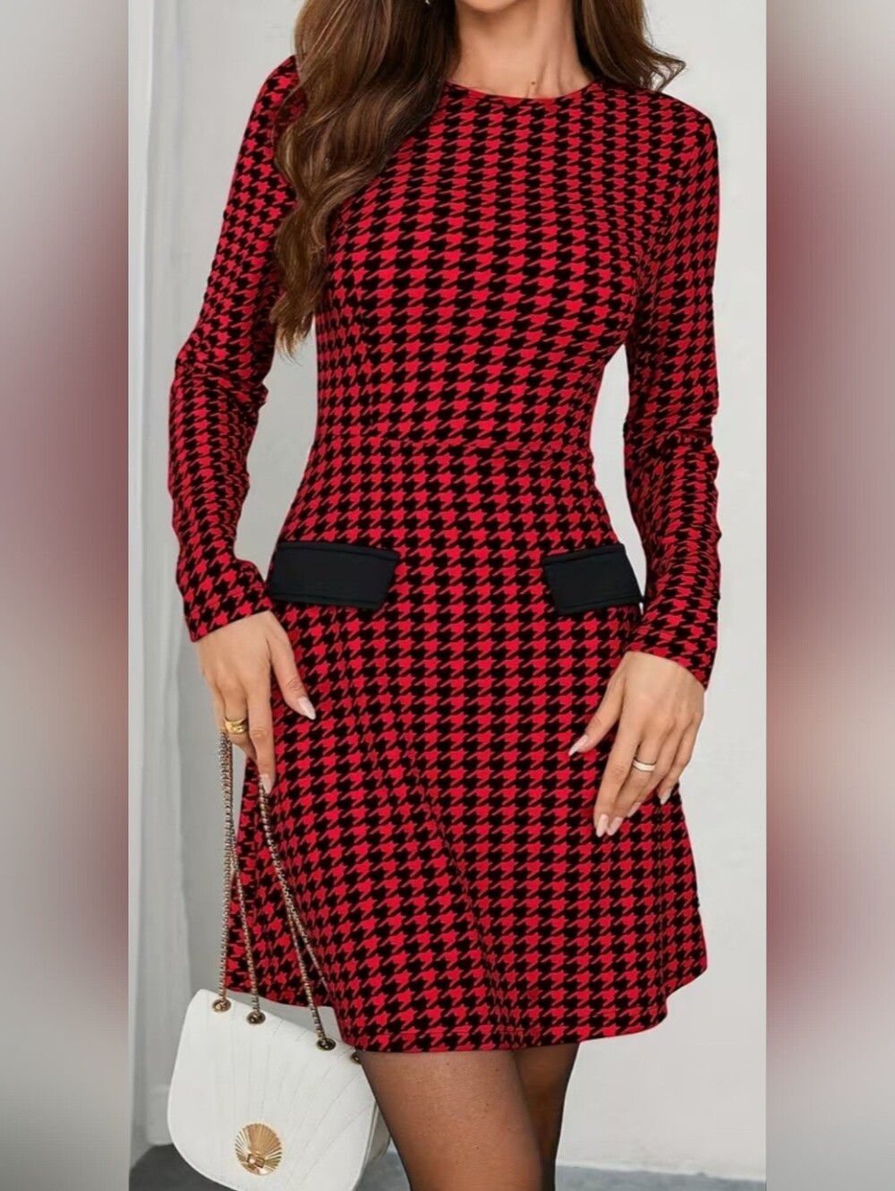 SHEIN Red & Black Houndstooth Long-Sleeve Fit and Flare Dress
